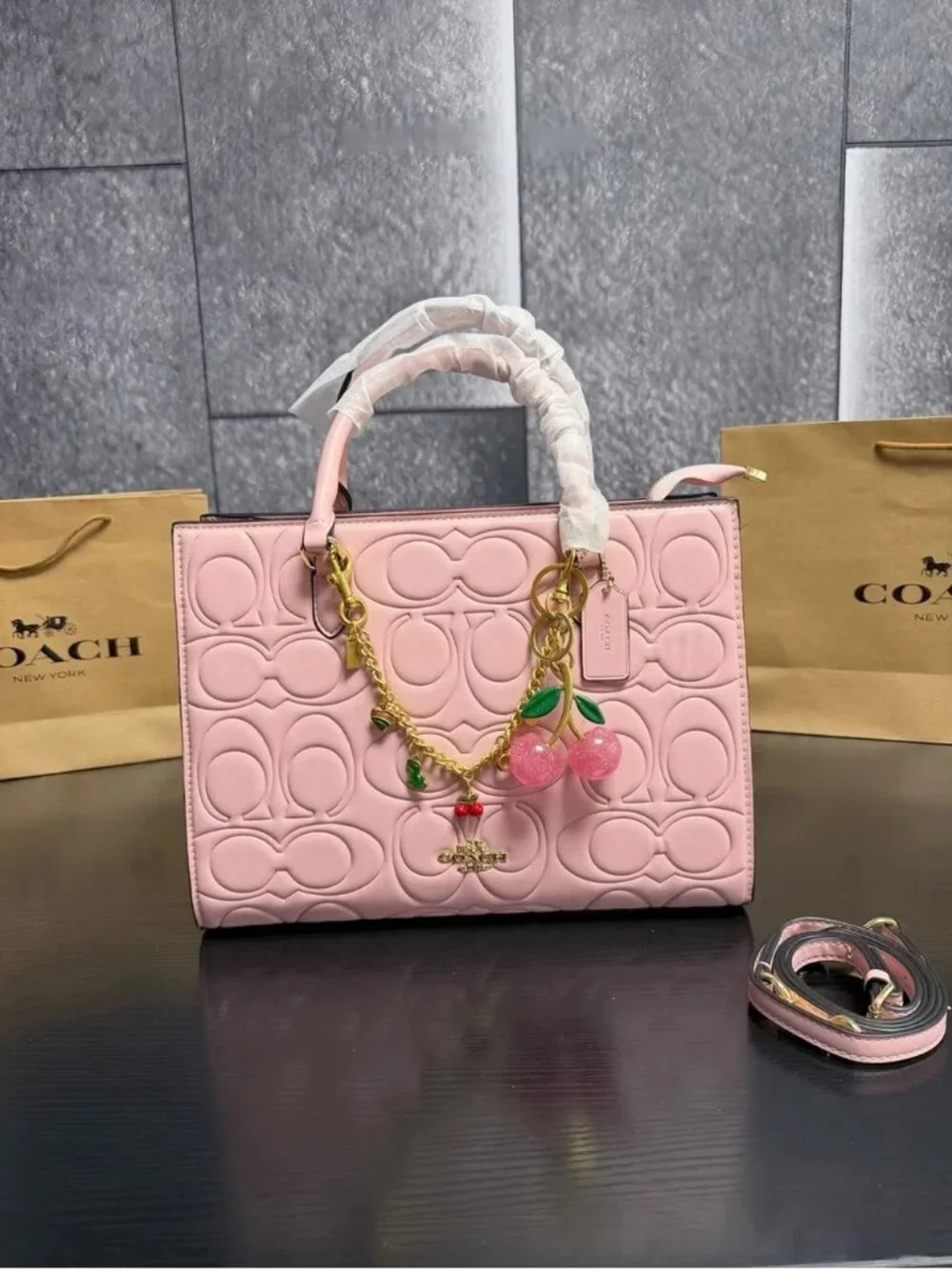 Pink Quilted Signature Leather Satchel with Cherry Charm